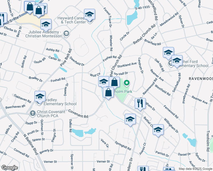 map of restaurants, bars, coffee shops, grocery stores, and more near 443 Bethel Church Road in Columbia