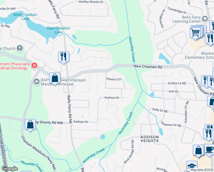 map of restaurants, bars, coffee shops, grocery stores, and more near 201 Sumter Drive Northeast in Marietta