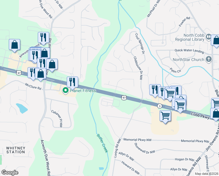map of restaurants, bars, coffee shops, grocery stores, and more near 225 Park Forest Way Northwest in Kennesaw