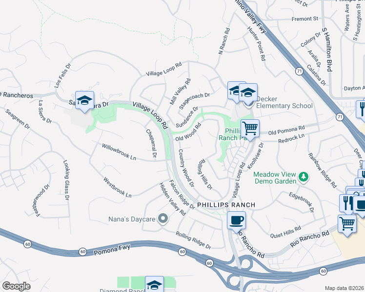 map of restaurants, bars, coffee shops, grocery stores, and more near 1 Red Oak Circle in Pomona