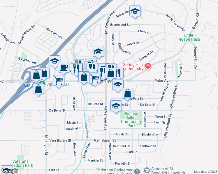 map of restaurants, bars, coffee shops, grocery stores, and more near 22505 Barton Road in Grand Terrace