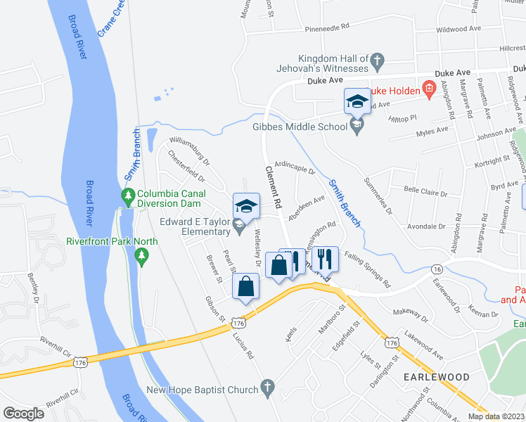 map of restaurants, bars, coffee shops, grocery stores, and more near 117 McRae Street in Columbia