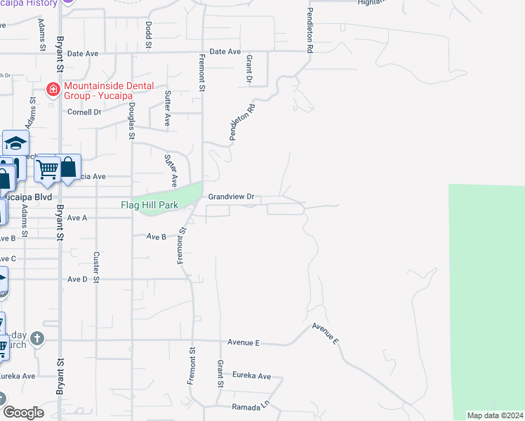 map of restaurants, bars, coffee shops, grocery stores, and more near 12151 Fremont Street in Yucaipa
