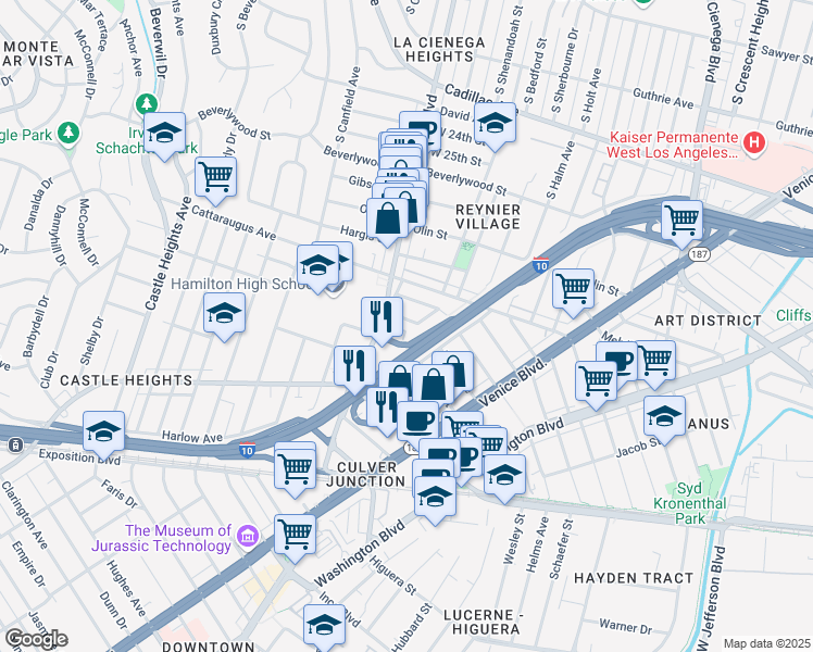 map of restaurants, bars, coffee shops, grocery stores, and more near 8954 Kramerwood Place in Los Angeles