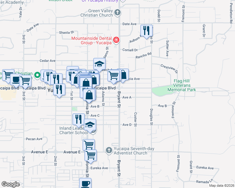 map of restaurants, bars, coffee shops, grocery stores, and more near 12142 Bryant Street in Yucaipa