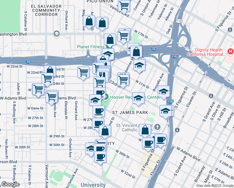 map of restaurants, bars, coffee shops, grocery stores, and more near 1004 West 24th Street in Los Angeles