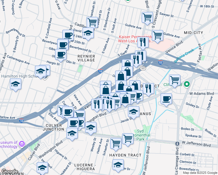 map of restaurants, bars, coffee shops, grocery stores, and more near 8659 Venice Boulevard in Los Angeles