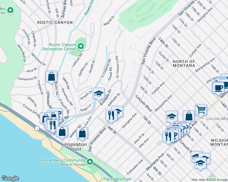 map of restaurants, bars, coffee shops, grocery stores, and more near 14100 Attilla Road in Santa Monica
