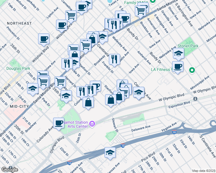map of restaurants, bars, coffee shops, grocery stores, and more near 1637 Berkeley Street in Santa Monica