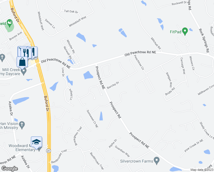 map of restaurants, bars, coffee shops, grocery stores, and more near 2121 Prospect Road in Lawrenceville