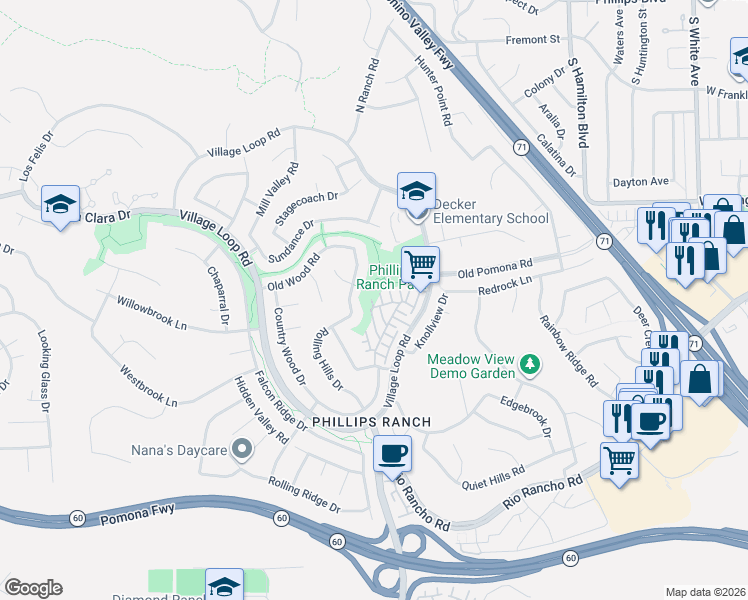 map of restaurants, bars, coffee shops, grocery stores, and more near 22 Country Ridge Road in Pomona