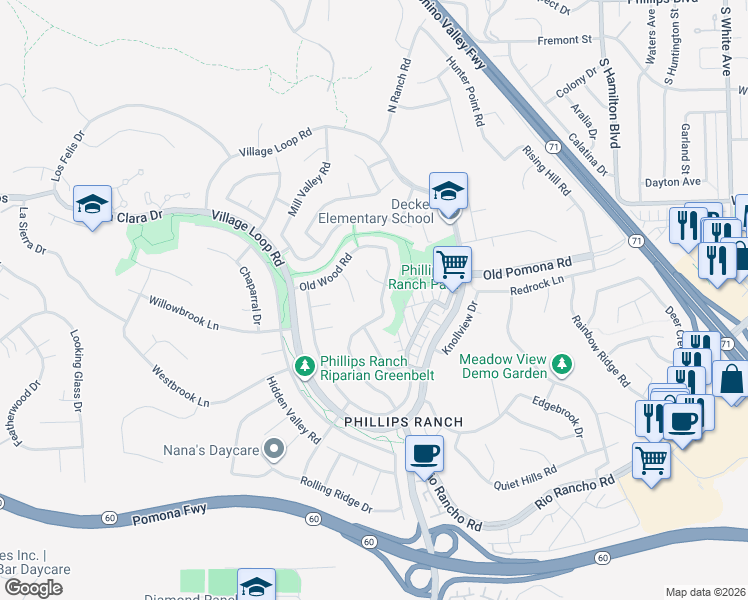 map of restaurants, bars, coffee shops, grocery stores, and more near 8 Ridgewood Court in Pomona