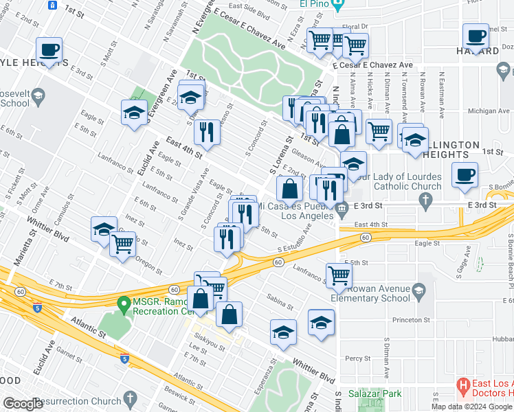 map of restaurants, bars, coffee shops, grocery stores, and more near 412 South Lorena Street in Los Angeles