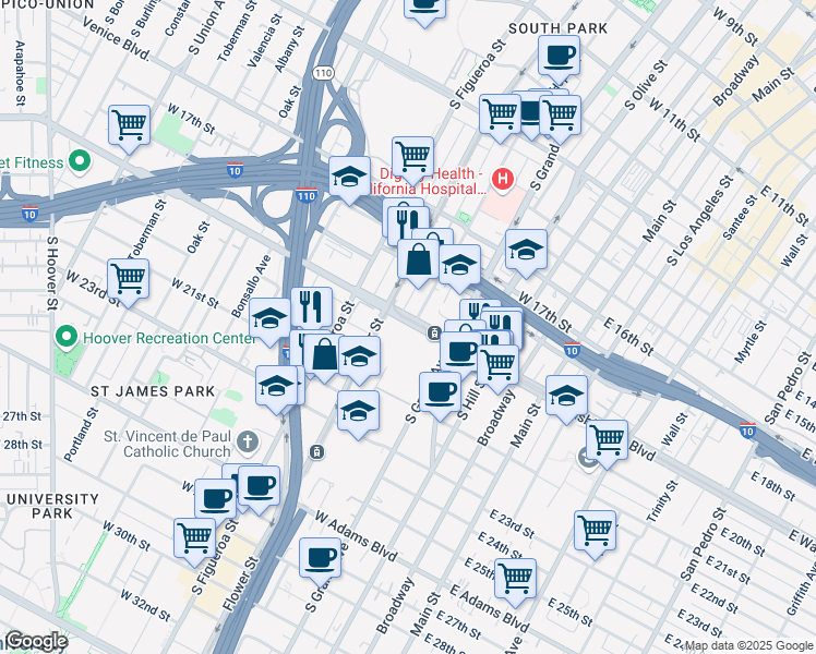 map of restaurants, bars, coffee shops, grocery stores, and more near 450-486 West Washington Boulevard in Los Angeles