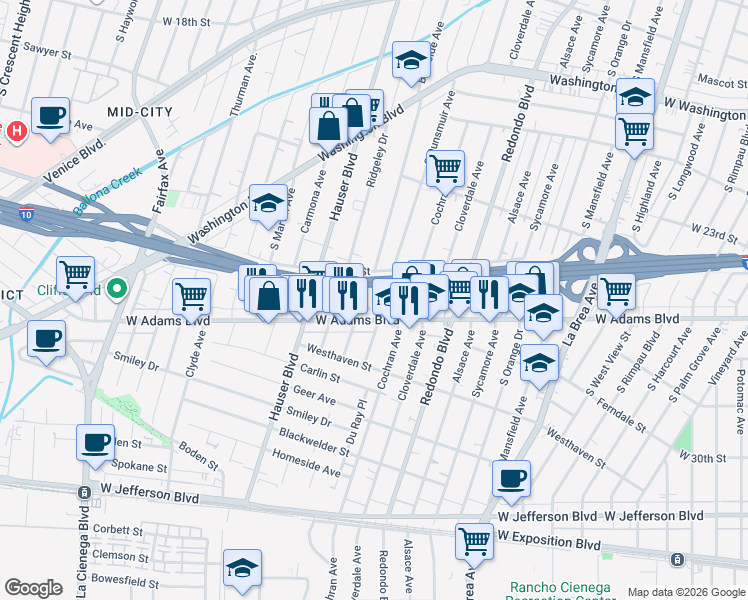 map of restaurants, bars, coffee shops, grocery stores, and more near 2524 South Dunsmuir Avenue in Los Angeles