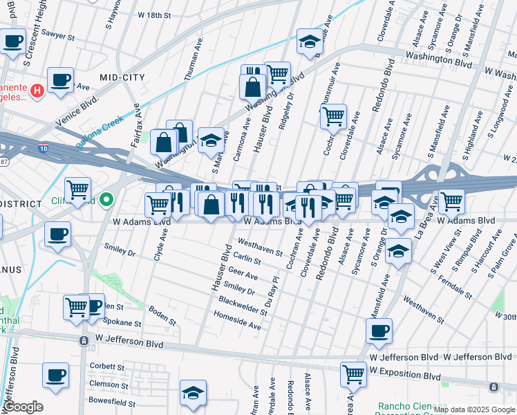 map of restaurants, bars, coffee shops, grocery stores, and more near 2520 Hauser Boulevard in Los Angeles
