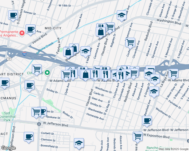 map of restaurants, bars, coffee shops, grocery stores, and more near 2520 Hauser Boulevard in Los Angeles