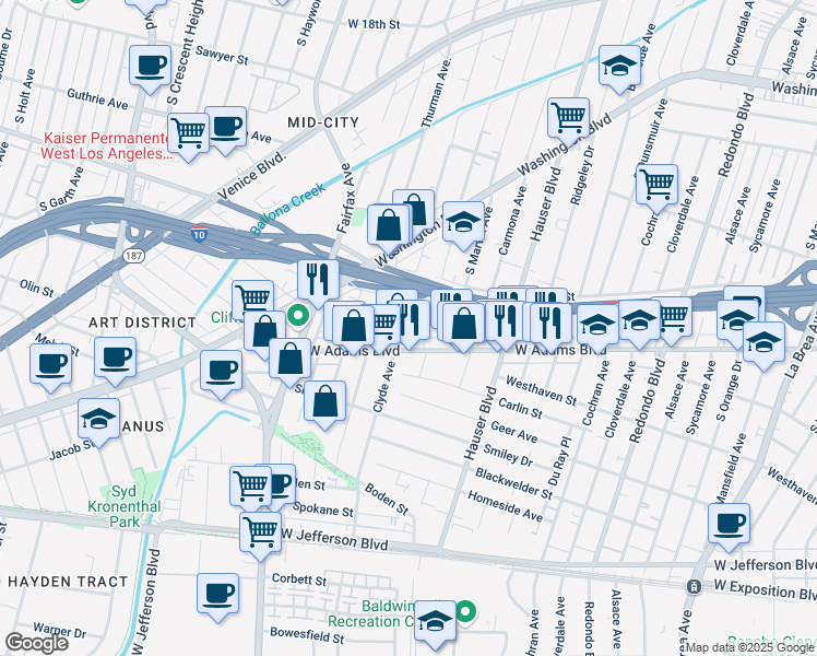 map of restaurants, bars, coffee shops, grocery stores, and more near 2524 Clyde Avenue in Los Angeles