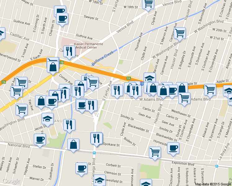 map of restaurants, bars, coffee shops, grocery stores, and more near 2532 South Genesee Avenue in Los Angeles