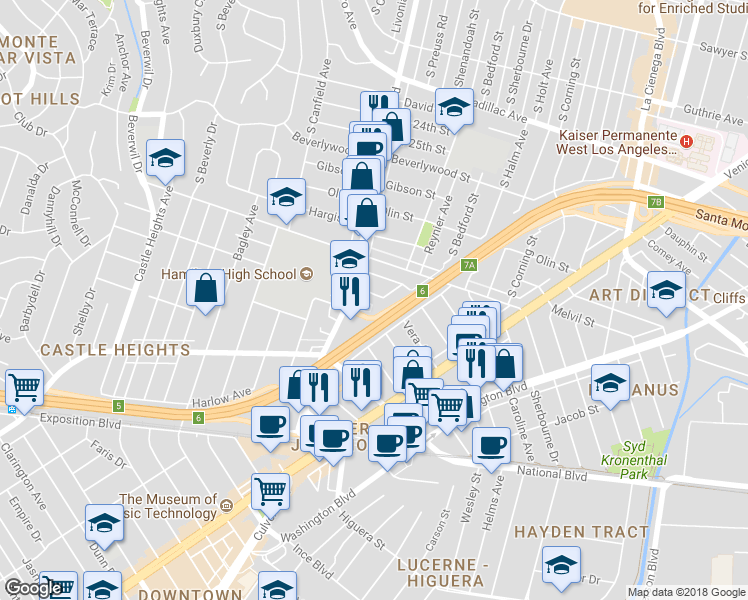 map of restaurants, bars, coffee shops, grocery stores, and more near 8968 Kramerwood Place in Los Angeles
