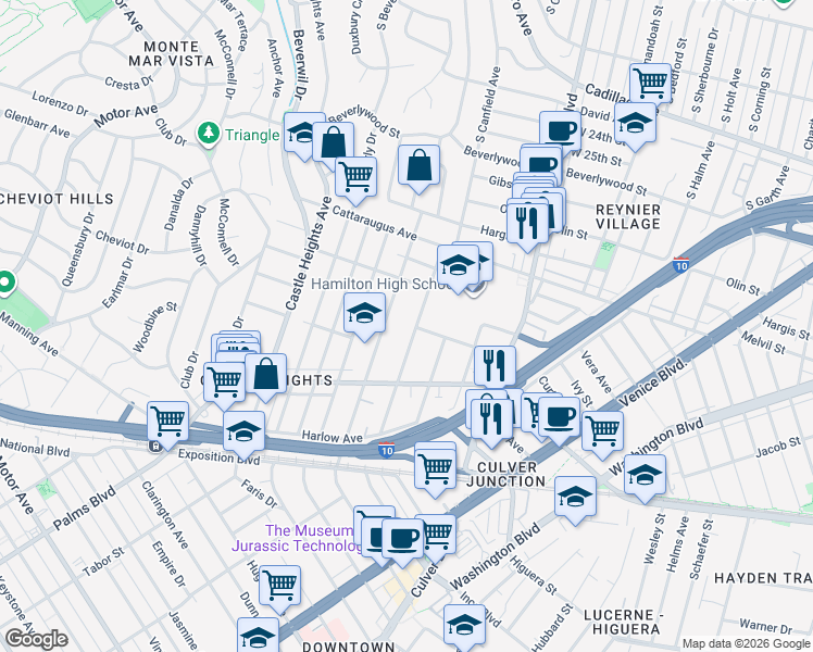 map of restaurants, bars, coffee shops, grocery stores, and more near 3038 Bagley Avenue in Los Angeles
