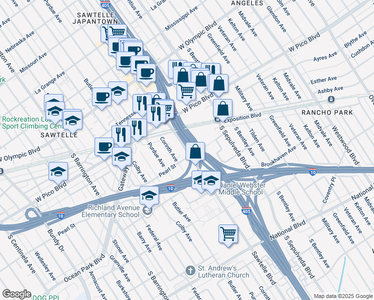 map of restaurants, bars, coffee shops, grocery stores, and more near 2483 1/2 Sawtelle Boulevard in Los Angeles