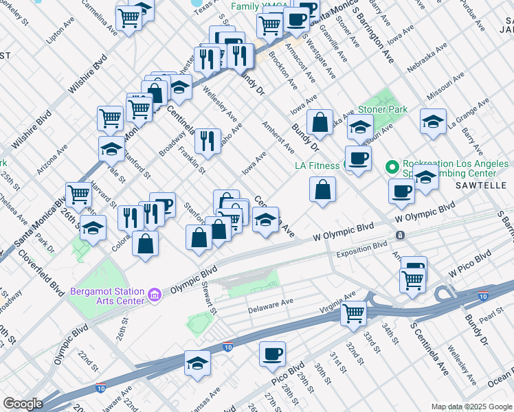 map of restaurants, bars, coffee shops, grocery stores, and more near in Los Angeles County