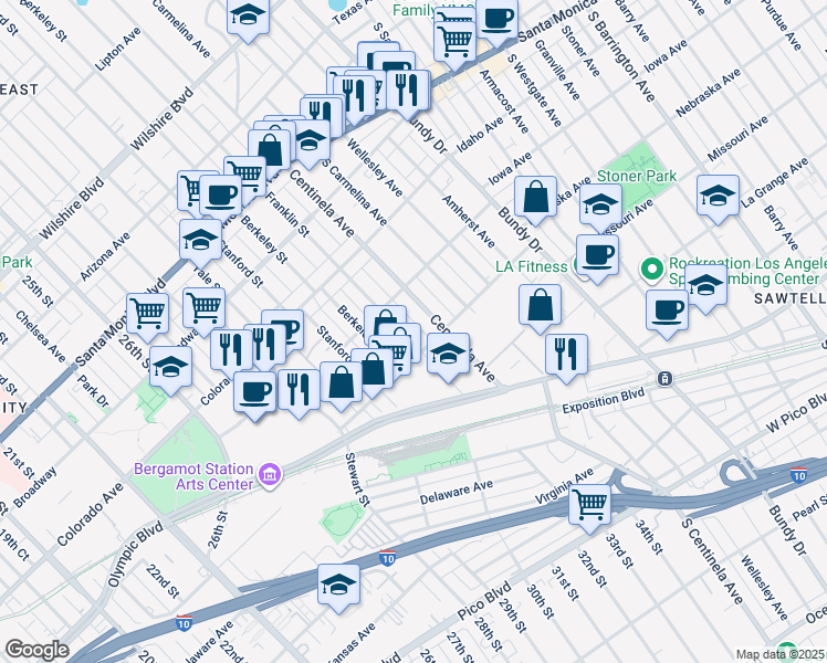 map of restaurants, bars, coffee shops, grocery stores, and more near in Los Angeles County