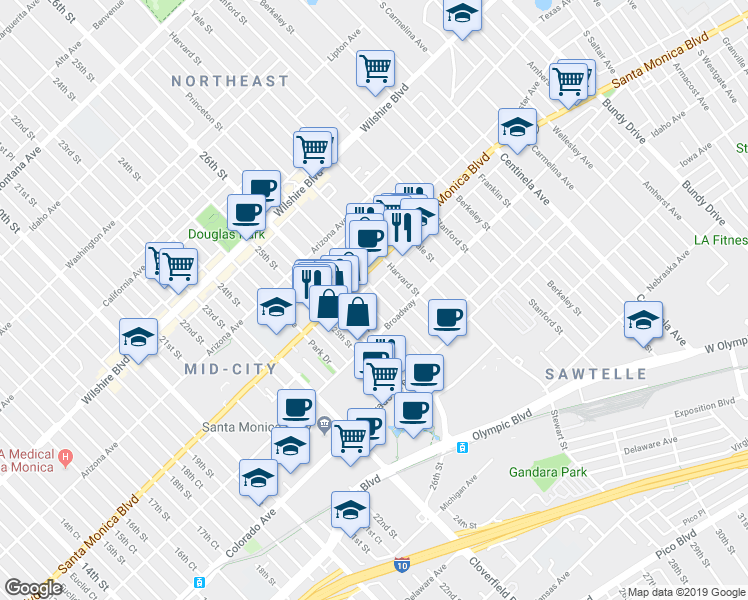 map of restaurants, bars, coffee shops, grocery stores, and more near 1420 Princeton Street in Santa Monica