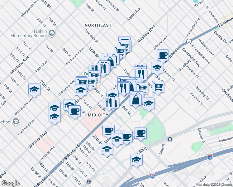 map of restaurants, bars, coffee shops, grocery stores, and more near 2510 Arizona Avenue in Santa Monica