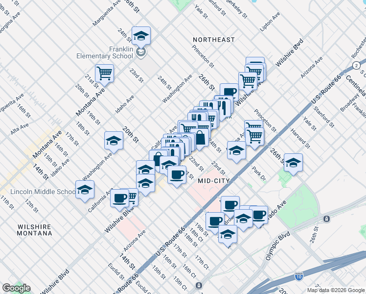 map of restaurants, bars, coffee shops, grocery stores, and more near 1133 22nd Street in Santa Monica