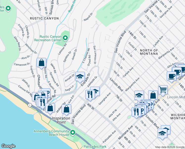 map of restaurants, bars, coffee shops, grocery stores, and more near 14100 Attilla Road in Santa Monica