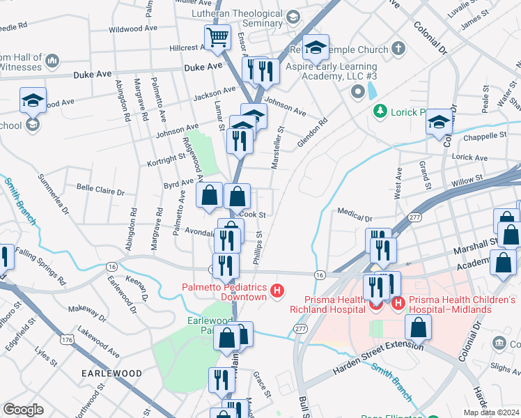 map of restaurants, bars, coffee shops, grocery stores, and more near 3606 Phillips Street in Columbia