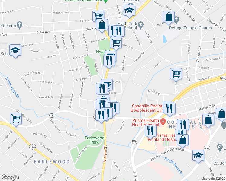 map of restaurants, bars, coffee shops, grocery stores, and more near 3606 Phillips Street in Columbia