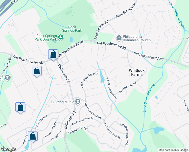 map of restaurants, bars, coffee shops, grocery stores, and more near 2799 Lake Forest Trail Northeast in Lawrenceville