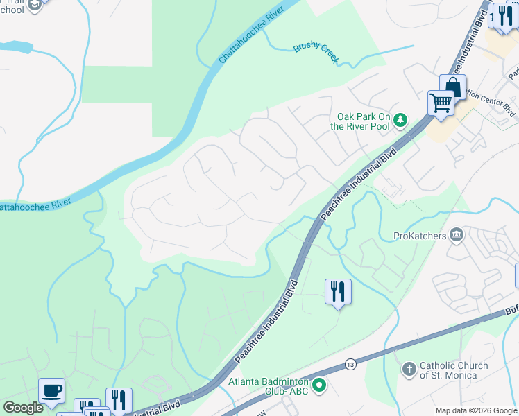 map of restaurants, bars, coffee shops, grocery stores, and more near 1720 Noblin Summit Drive in Duluth