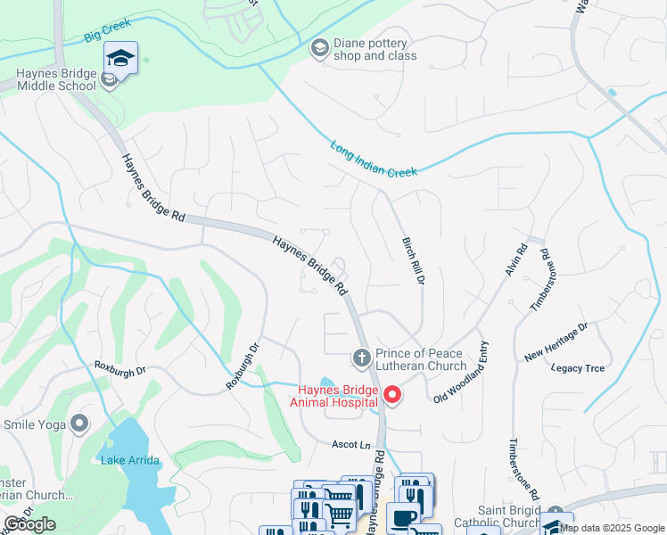 map of restaurants, bars, coffee shops, grocery stores, and more near 10448 Park Walk Point in Alpharetta