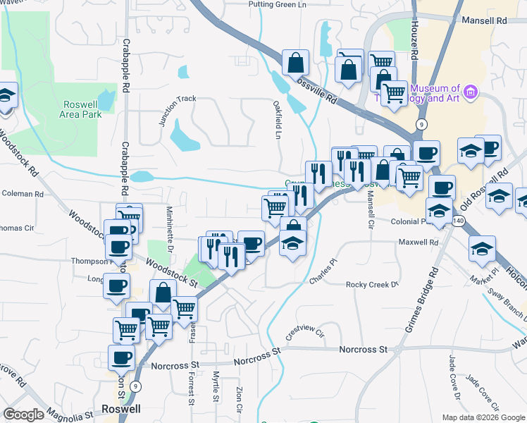 map of restaurants, bars, coffee shops, grocery stores, and more near 1270 Strickland Road in Roswell