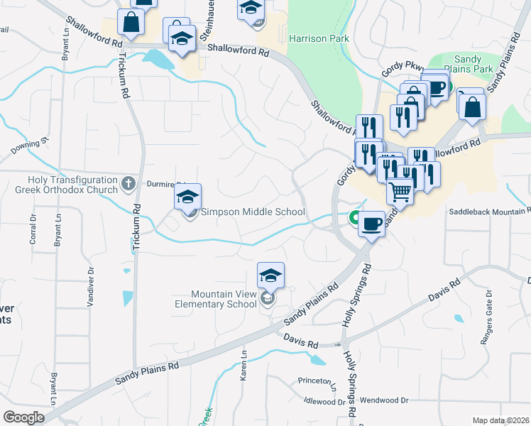 map of restaurants, bars, coffee shops, grocery stores, and more near 2806 Cranmore Court in Marietta