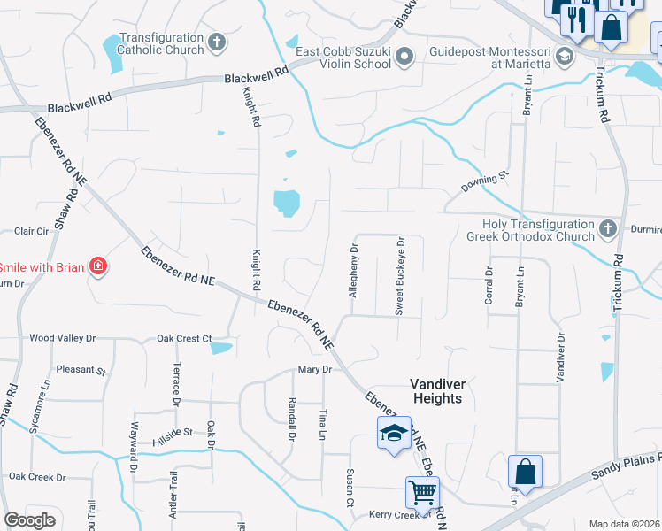 map of restaurants, bars, coffee shops, grocery stores, and more near 3338 Ebenezer Farm Road Northeast in Marietta