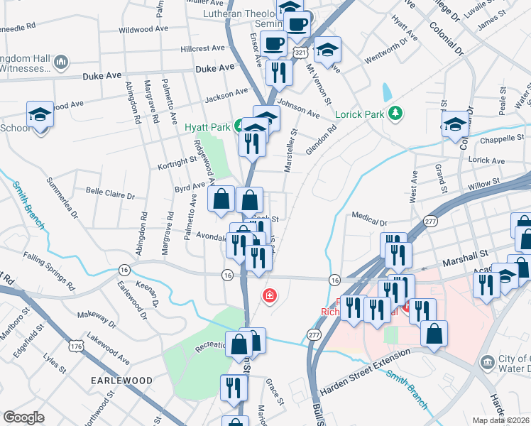 map of restaurants, bars, coffee shops, grocery stores, and more near 3606 Phillips Street in Columbia