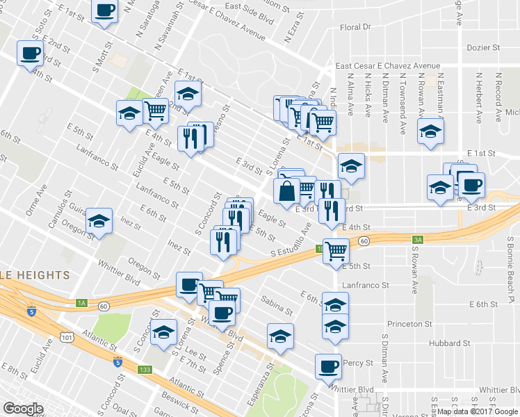 map of restaurants, bars, coffee shops, grocery stores, and more near 3409 Eagle Street in Los Angeles