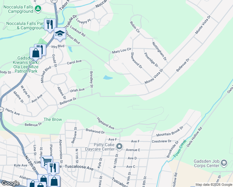 map of restaurants, bars, coffee shops, grocery stores, and more near 828 Bellevue Drive in Gadsden