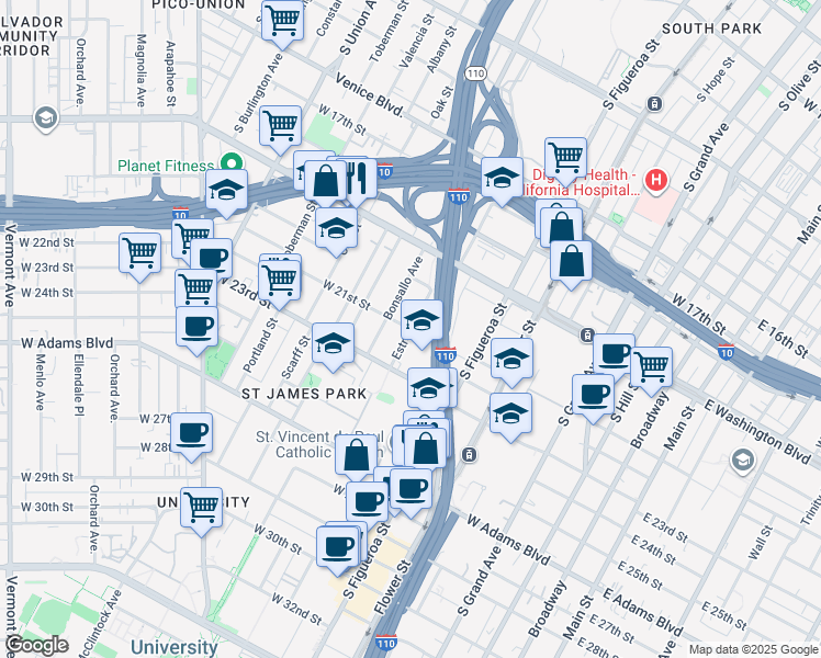 map of restaurants, bars, coffee shops, grocery stores, and more near Estrella Avenue in Los Angeles