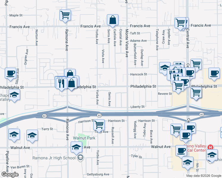 map of restaurants, bars, coffee shops, grocery stores, and more near 4772 Revere Street in Chino