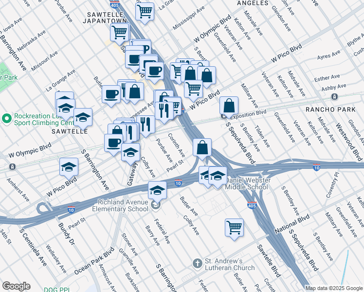 map of restaurants, bars, coffee shops, grocery stores, and more near 2456 Corinth Avenue in Los Angeles