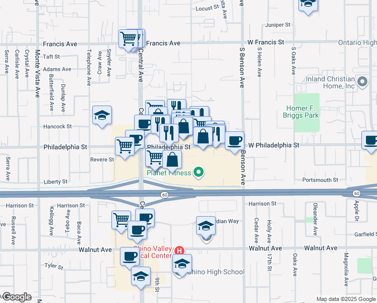 map of restaurants, bars, coffee shops, grocery stores, and more near 5397 Philadelphia Street in Chino
