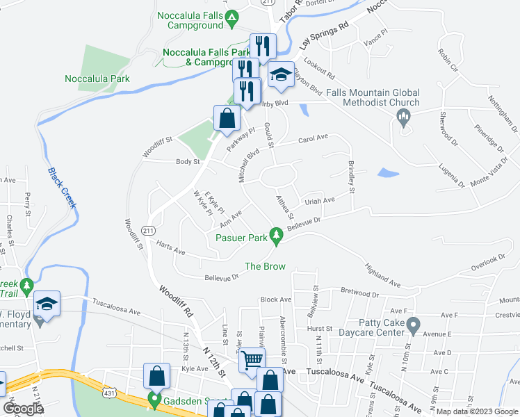 map of restaurants, bars, coffee shops, grocery stores, and more near 316 Mitchell Boulevard in Gadsden