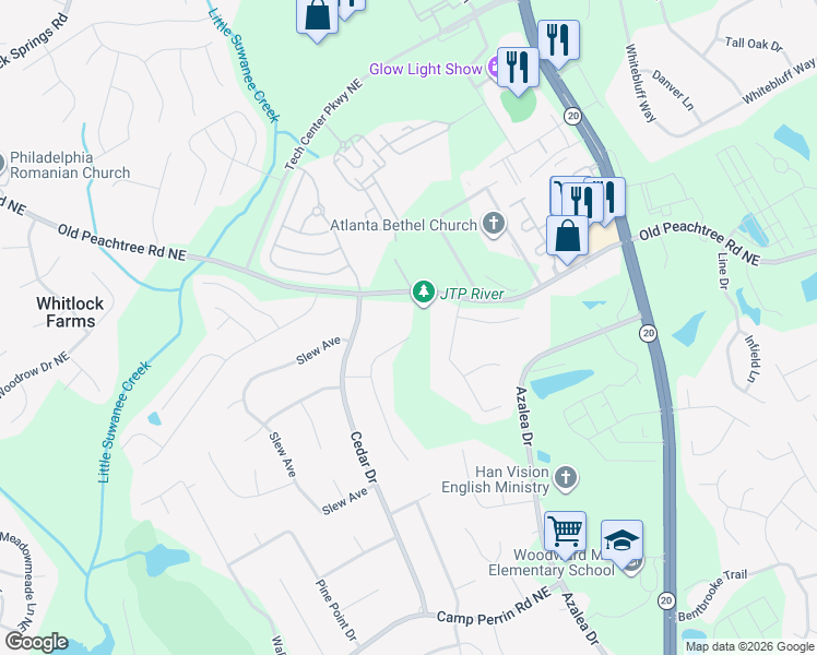 map of restaurants, bars, coffee shops, grocery stores, and more near 2406 Pine Stream Court in Lawrenceville