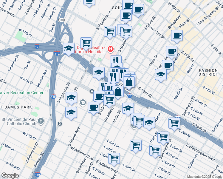 map of restaurants, bars, coffee shops, grocery stores, and more near 203 West 18th Street in Los Angeles